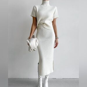 Solid High Neck Split Ribbed Knit Two Pieces Skirt Set - Commense